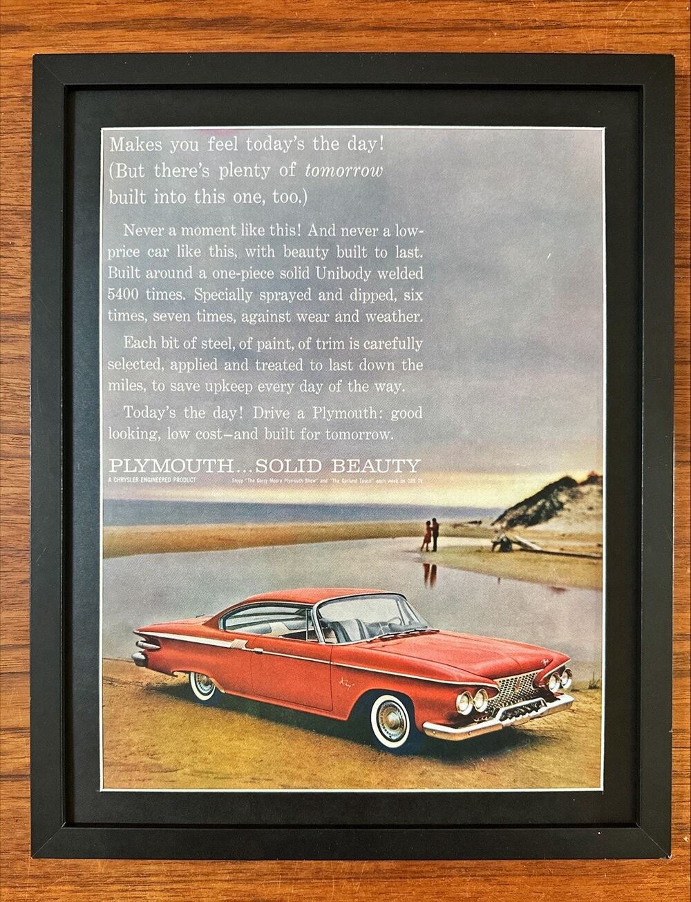 Framed Red 1961 Plymouth Coupe at the Beach Vintage Original Print Ad